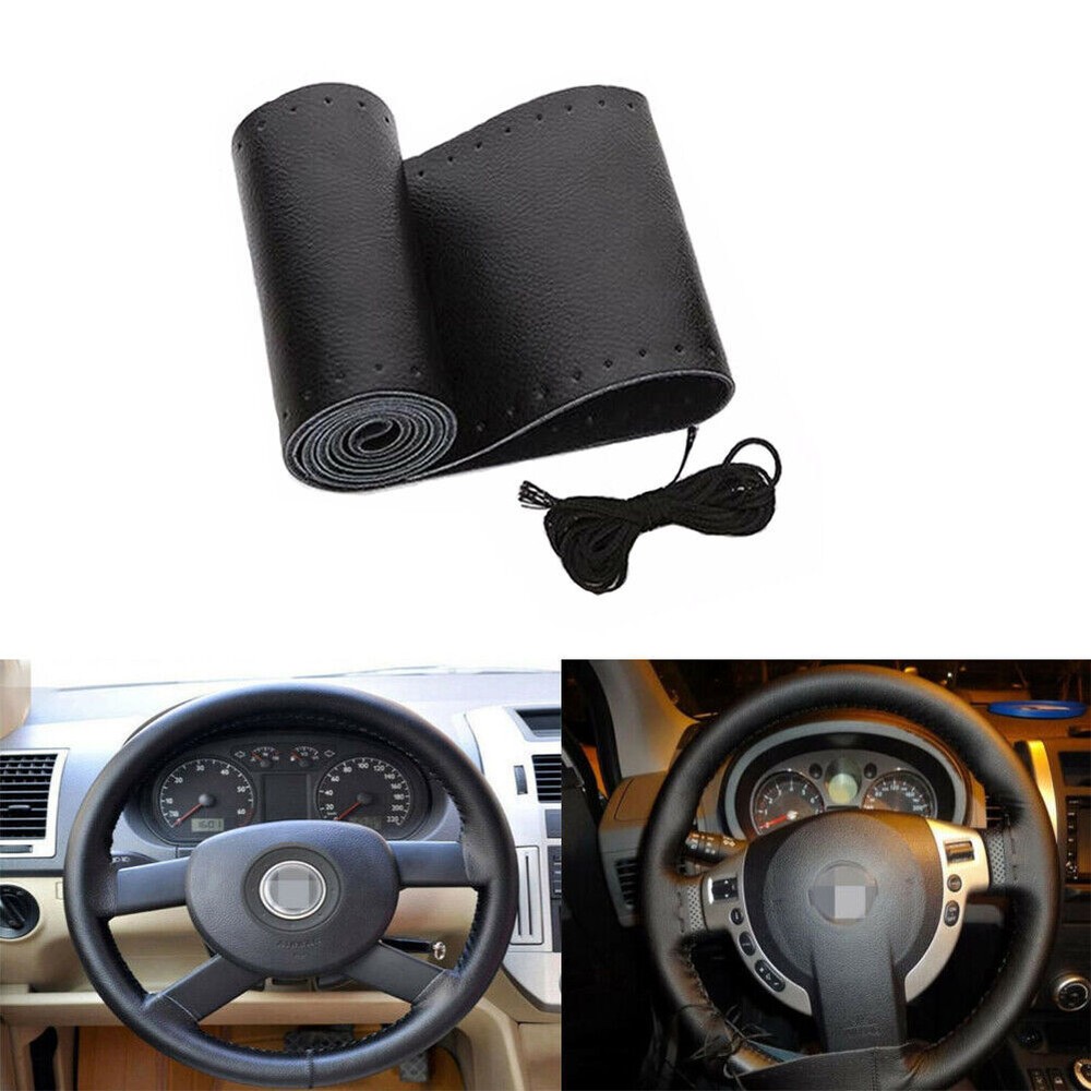 38cm Black Leather DIY Car Steering Wheel Cover for Auto Protection