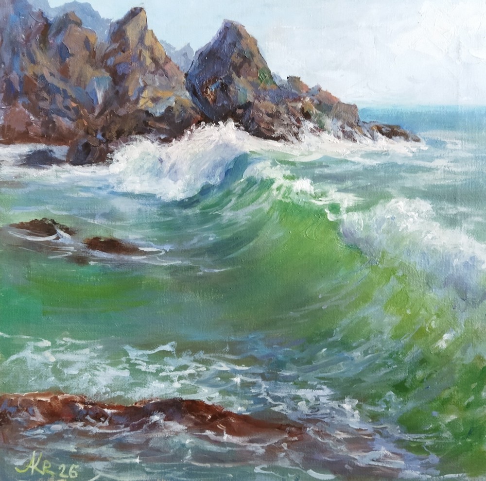 Ocean Waves – Original Oil Painting on Canvas, Seascape Impressionism 12x12 in