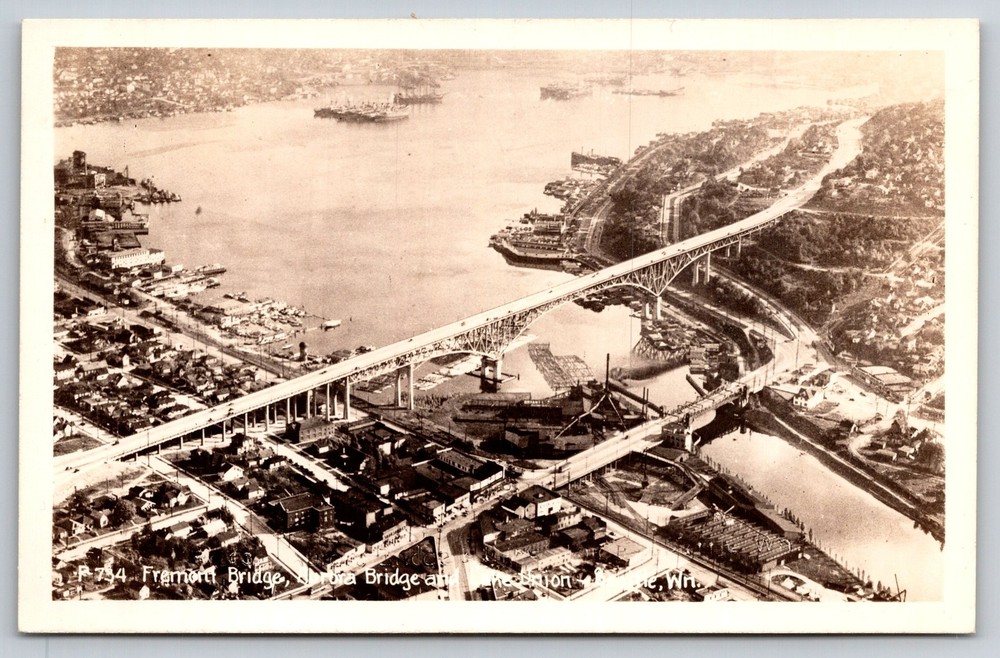 RPPC~Seattle Washington~Air View Of Fremont & Aurora Bridges~Real Photo Postcard