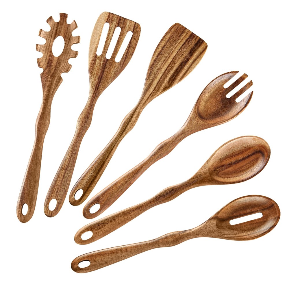 Acacia Wood Spoons for Cooking - 6 Piece Non Stick Wooden Spoon Set - with Sl...-image