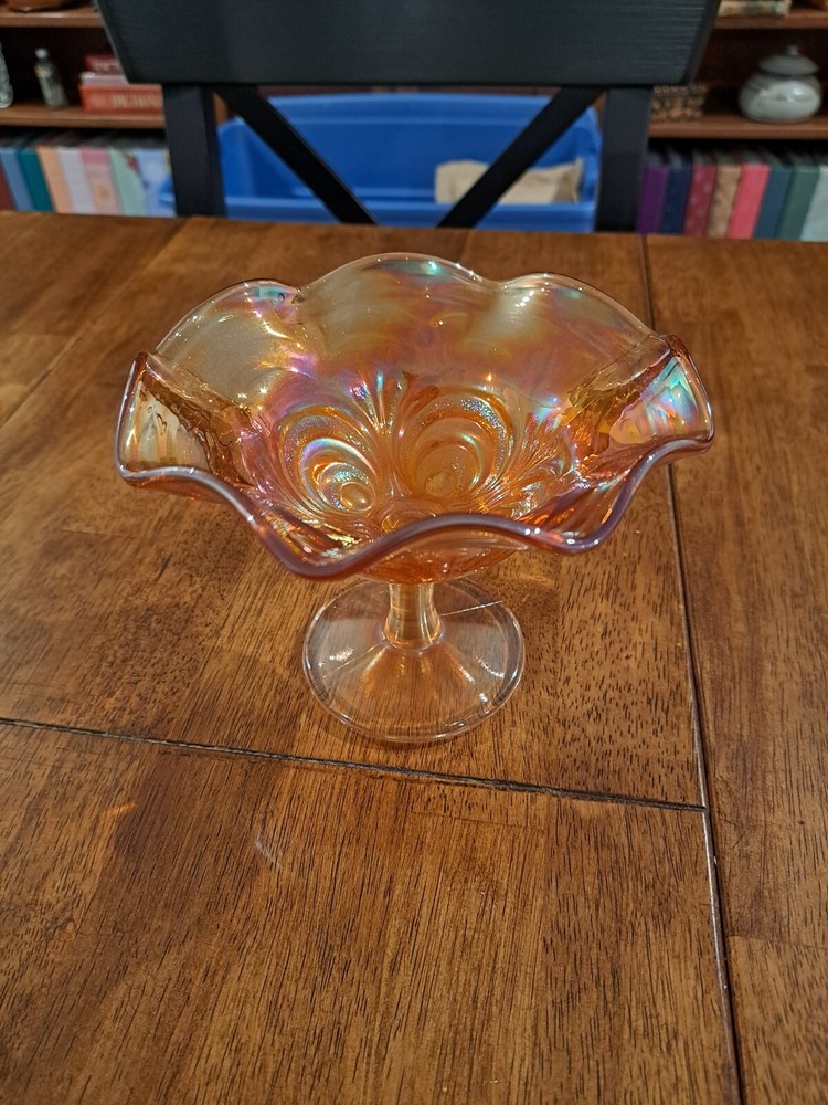 Vintage Orange Marigold Carnival Glass Ruffled Candy Dish.