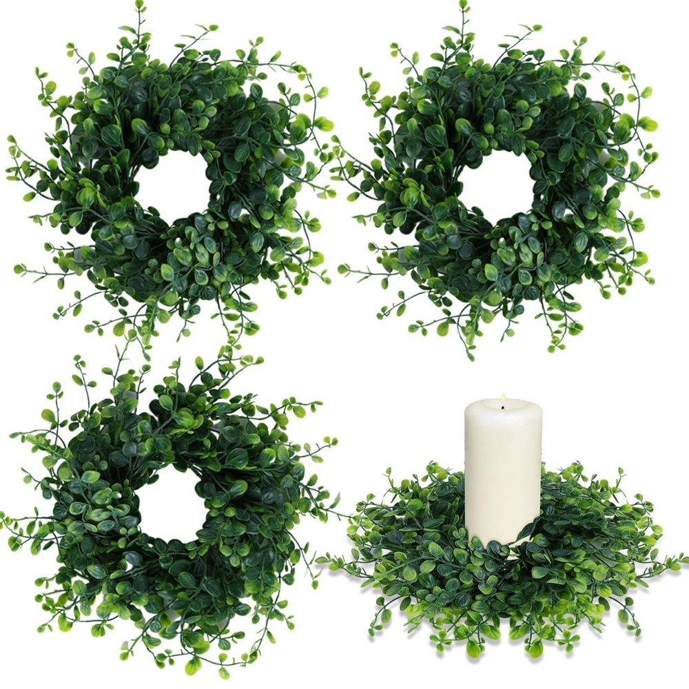 4 PCS 3 Inch Candle Rings Wreaths Pillars Mini Green Boxwood Wedding Decor