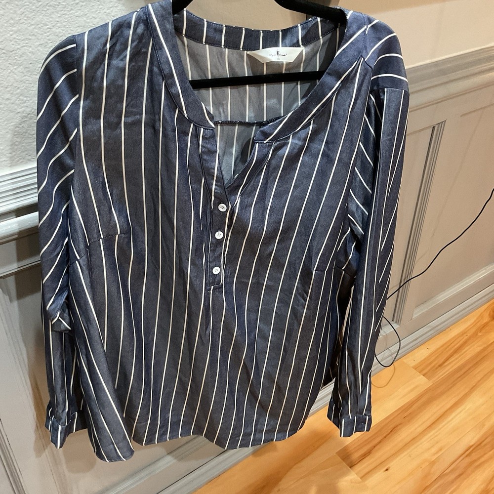 Agnes Orinda Women's Long Sleeve V Neck Blue and White Striped Top Size 2X