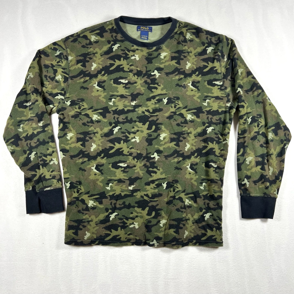 Polo Ralph Lauren Camo Waffle Knit Thermal Shirt XXL Green Long Sleeve Crewneck