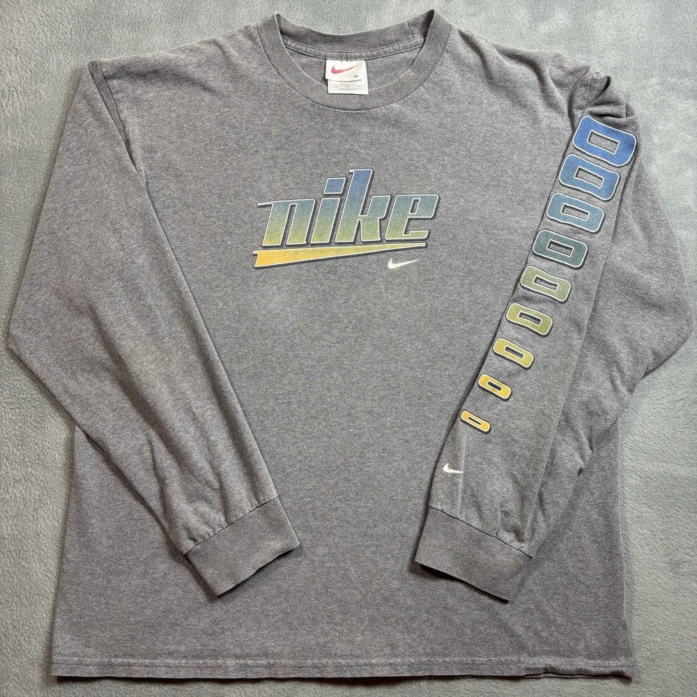 Vintage 90s Nike Long Sleeve T-Shirt Men's Medium Gray Made In USA Graphic Print