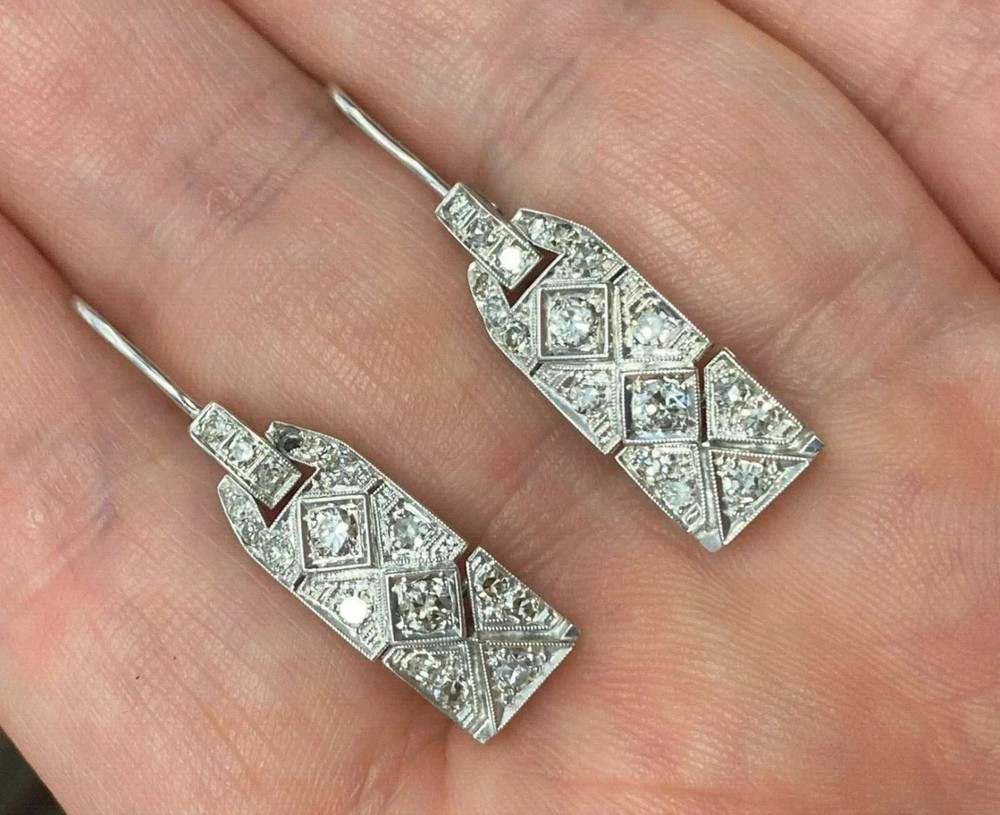 Art Deco Vintage 1.75CT Round Lab Created Diamond Drop Earrings 14K Gold Finish