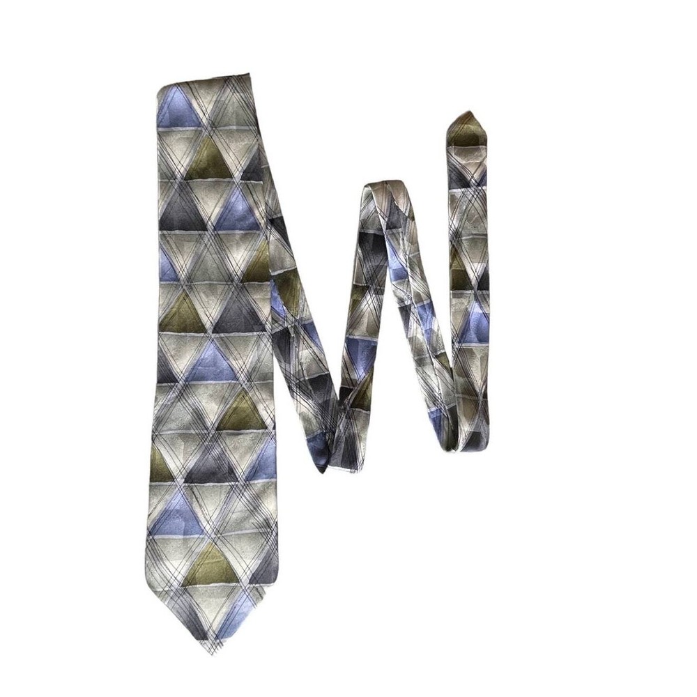 J. Garcia Men's Silk Necktie Aztec Objects Collection 28 Blue Olive Silver 1996