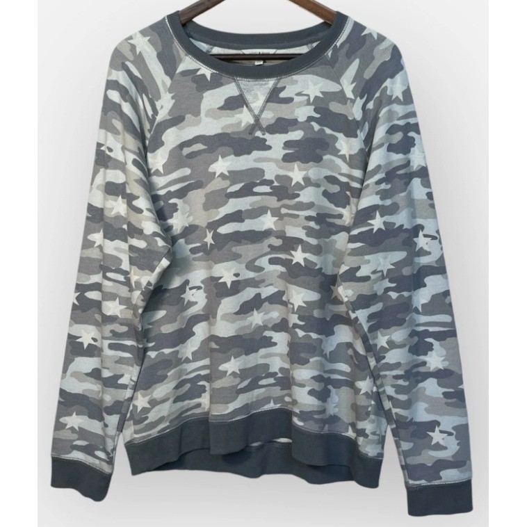 Lucky Brand Womens XL Grey Blue Camo Star Print Raglan Sweatshirt Pullover