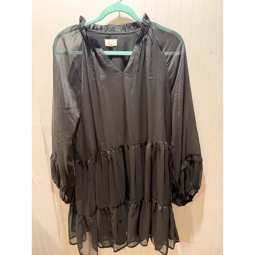 Lena Womens Black Sheer Tiered Mini Dress Ruffle Neck Long Sleeve Babydoll M