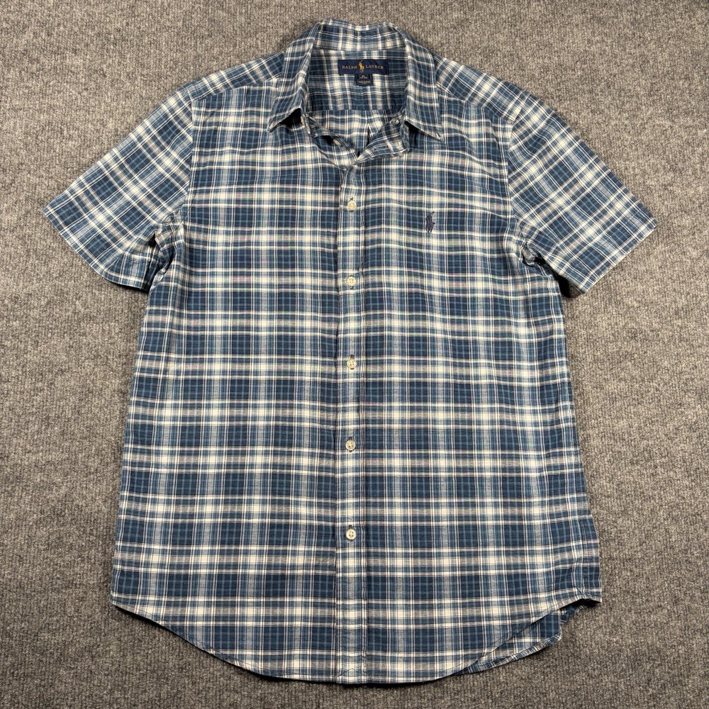 Ralph Lauren Short Sleeve Plaid Button Up Shirt Boys Youth XL 18/20 Blue White