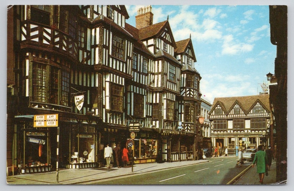 Shrewsbury England Street Scene Postcard 1966 Half-Timbered Buildings