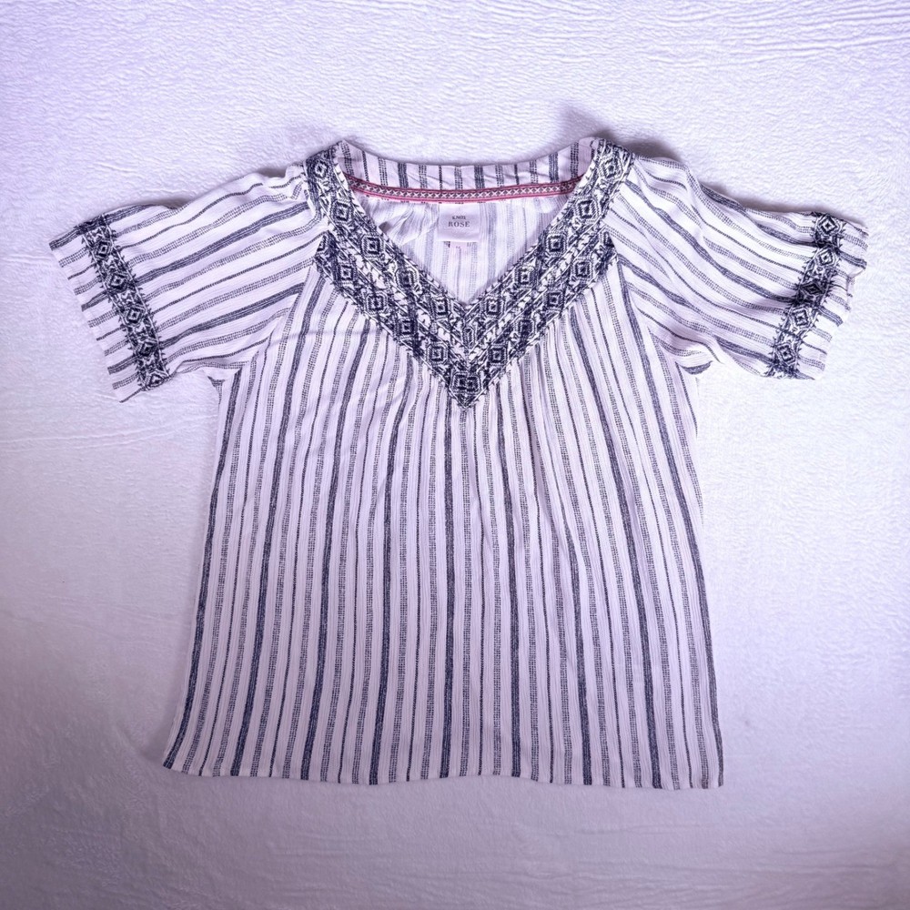 KNOX ROSE Striped Embroidered V Neck Short Sleeve Blouse Bohemiam Women Size M