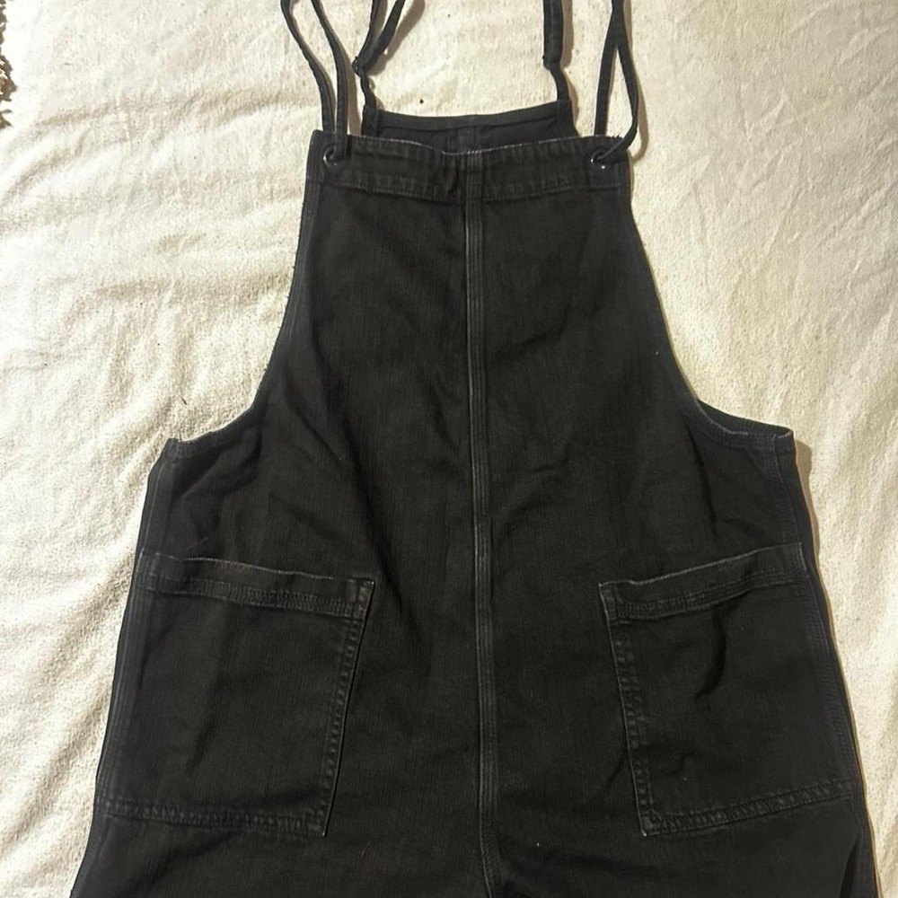 Aerie Women's L Black Denim Romper One-Piece Fringe Pockets Strappy Sleeveless