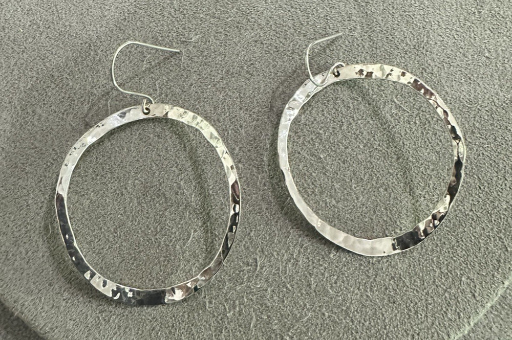Vintage Sterling Silver Large Hammered Curved Hoop Hook Earrings Mexico 2.25