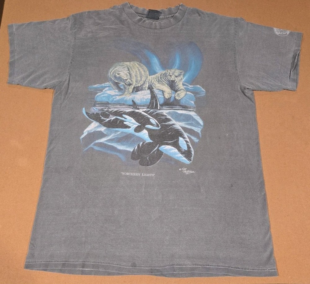 Vintage Polar Bear Orca Nature T Shirt Sz XL Gray Northern Lights Single Stitch