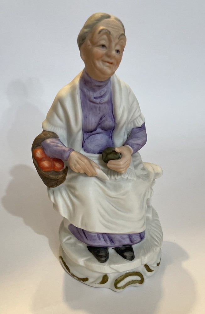 Vintage Ceramic Figurine Old Woman Sitting Peeling Apples Potatoes 6 1/2
