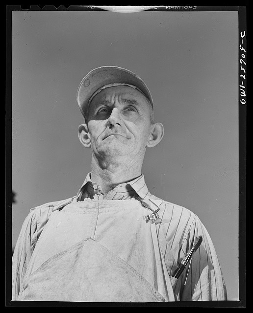 Photo:1930s Farm Worker Man Portrait Overalls Cap Black and White
