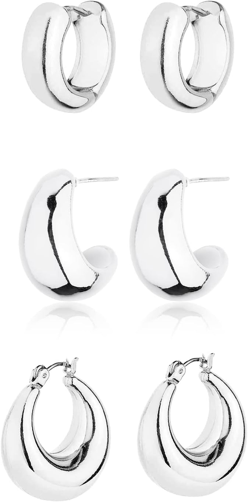Gold Chunky Hoop Earrings Set for Women, 14K Gold Plated Twisted Huggie Hoop Ear