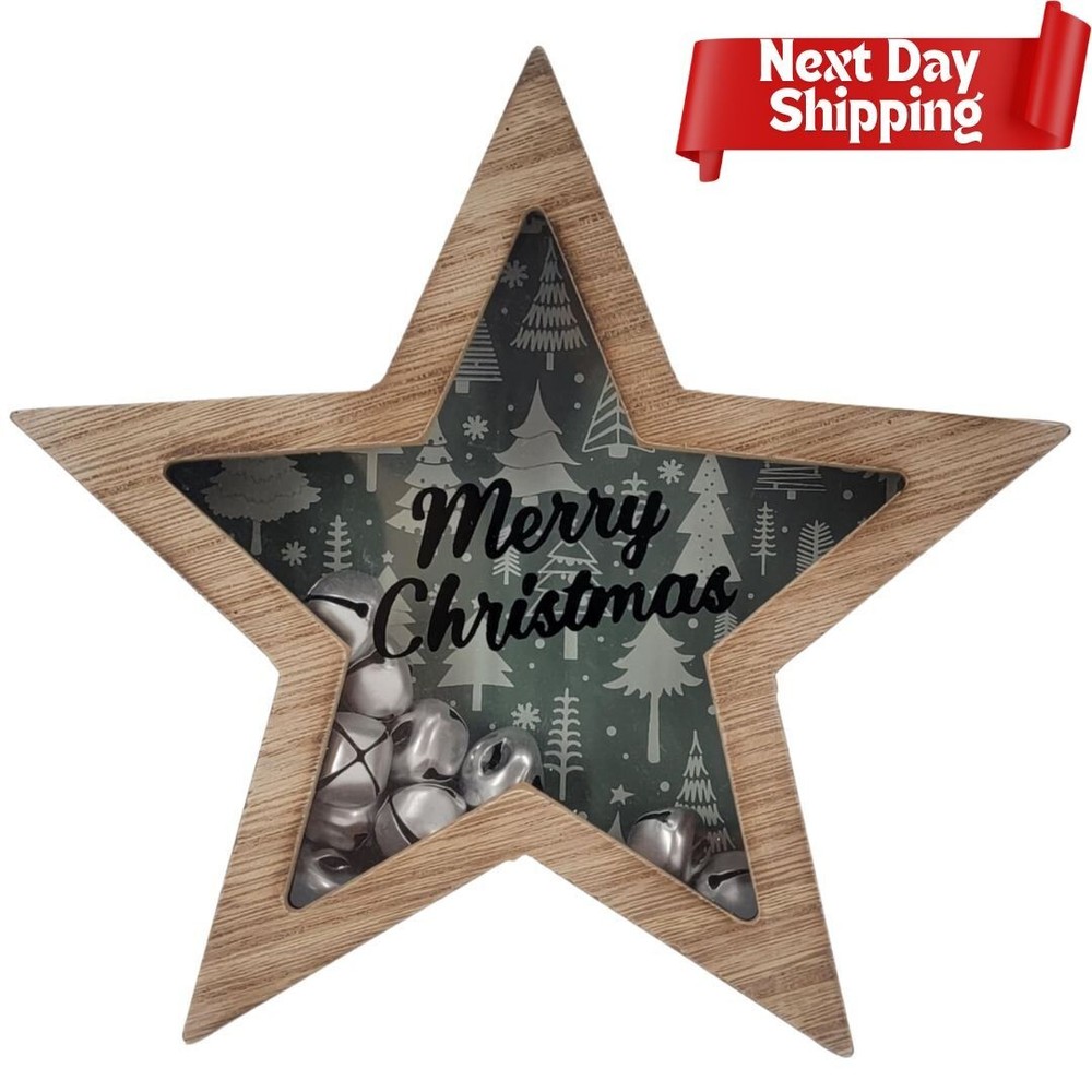 Rustic Wooden Star Christmas Decor with Bells - 