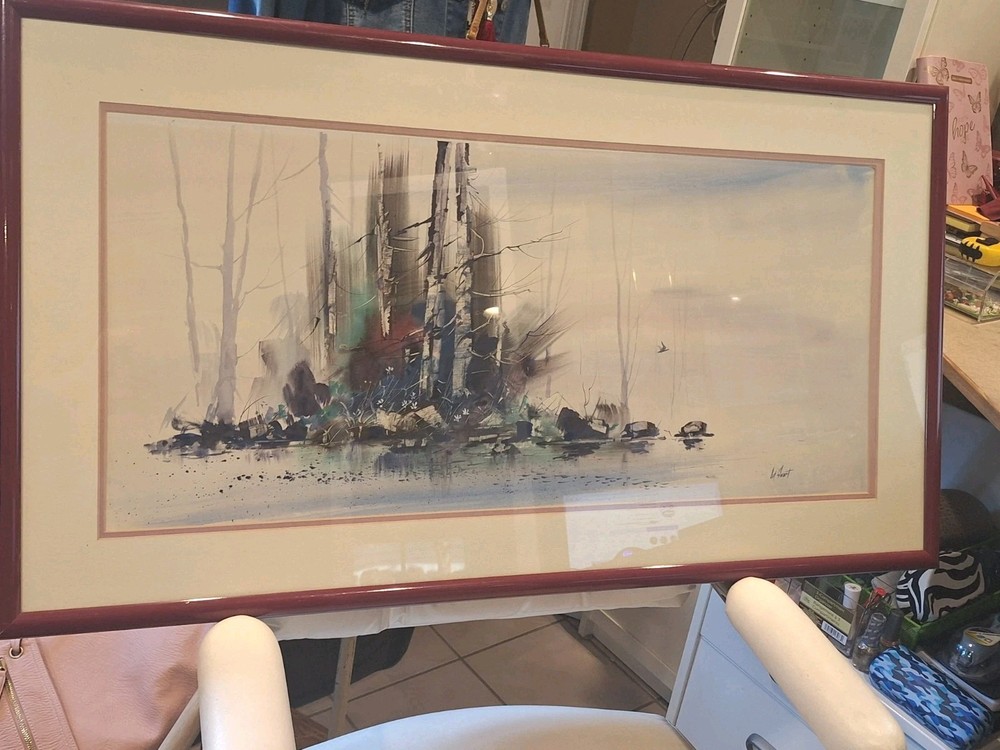 Vtg 60's Watercolor Abstract Forest River Landscape Signed 36