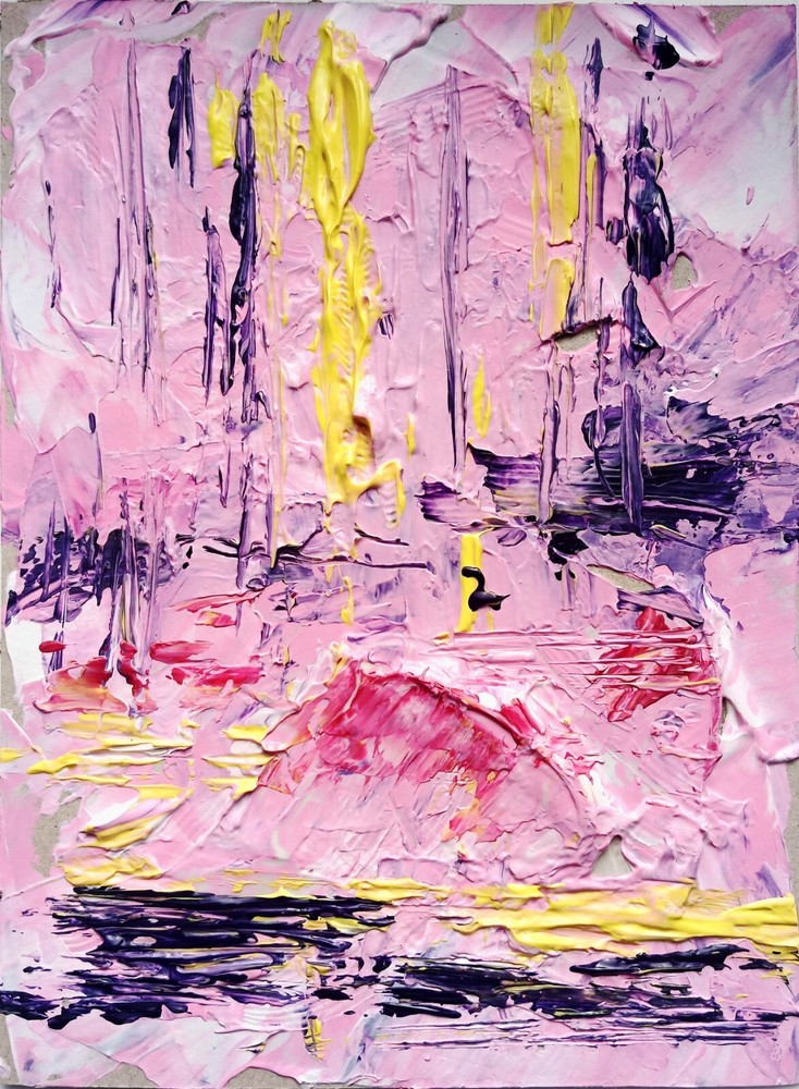 Original Modern Art Bold Palette Knife Strokes Pink Yellow Deep Purple Shades