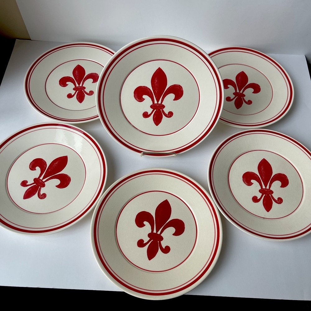 Williams-Sonoma Retired Portugal Fleur de Lis Salad Plates Red 9” Set of 6