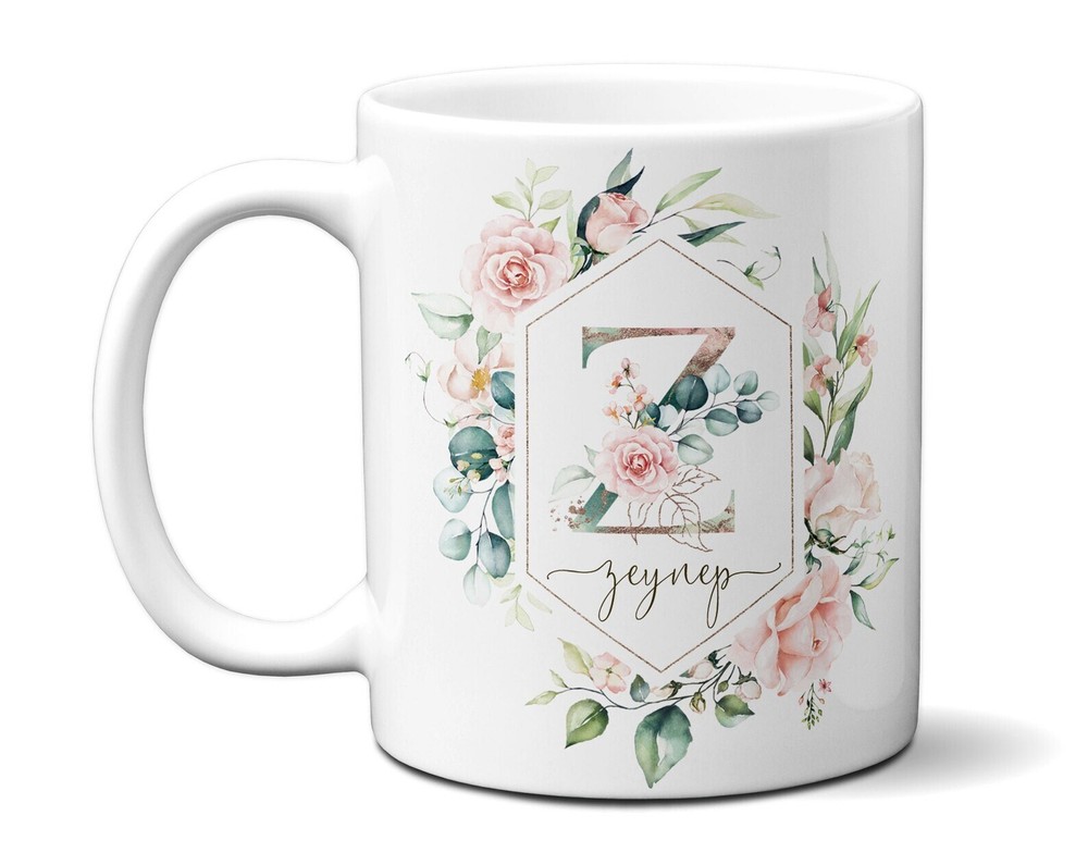 Personalized Name & Initial Letter Monogram Roses Alphabet Mug Watercolor Fl