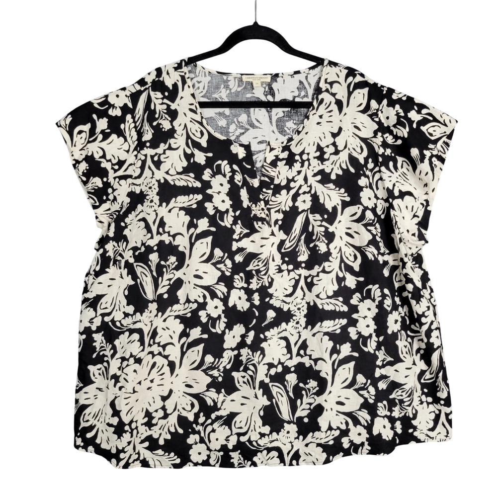 CHRISTIAN SIRIANO Black Floral Linen Split Neck Popover Top Lagenlook SIZE 3X