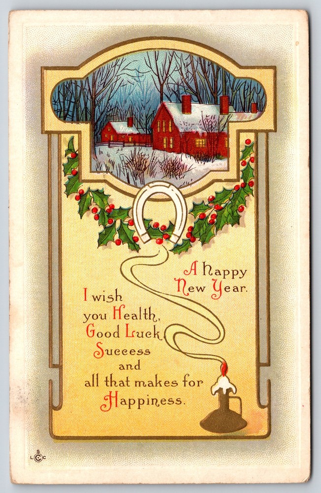 A Happy New Year~Horseshoe & Holly Frame Winter Scene~PM 1913~Vintage Postcard
