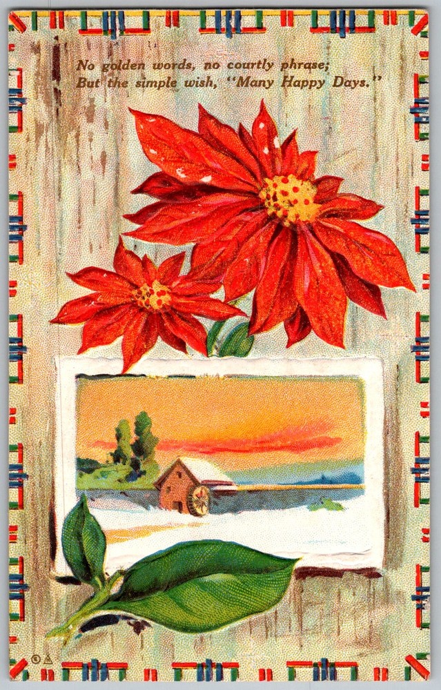 Antique Postcard Poinsettia Winter Scene 1910s