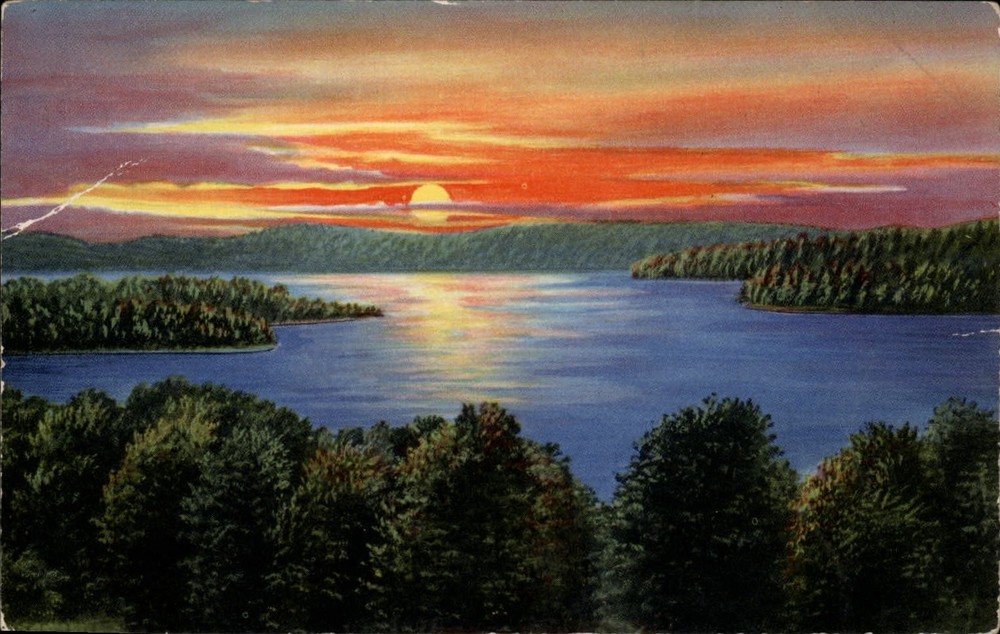 Michigan Grayling Greetings from sunset lake view ~ vintage postcard ~ s9731