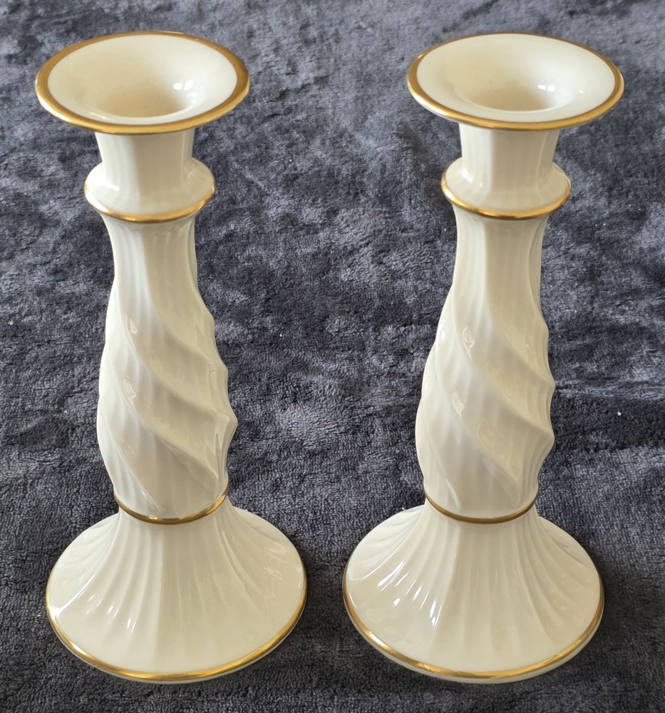 Lenox Richmond Candlesticks Set of 2 Ivory Porcelain Gold Trim 8