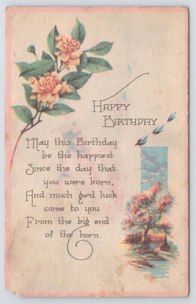 Greetings~Roses Trees & Birthday Greeting Poem ~Vintage Postcard