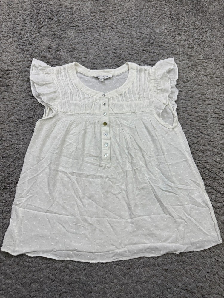 Rose Olive Top Women Small Flutter Sleeve Swiss Dot Peasant Milkmaid Blouse Boho