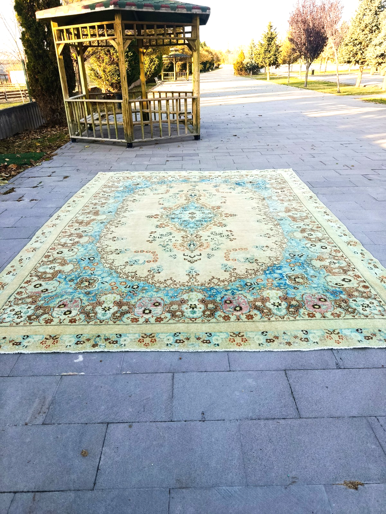 Vintage Beige Caucasian Area Rug, 10.4x13.6ft, Antique Azerbaijn Handmade Rug