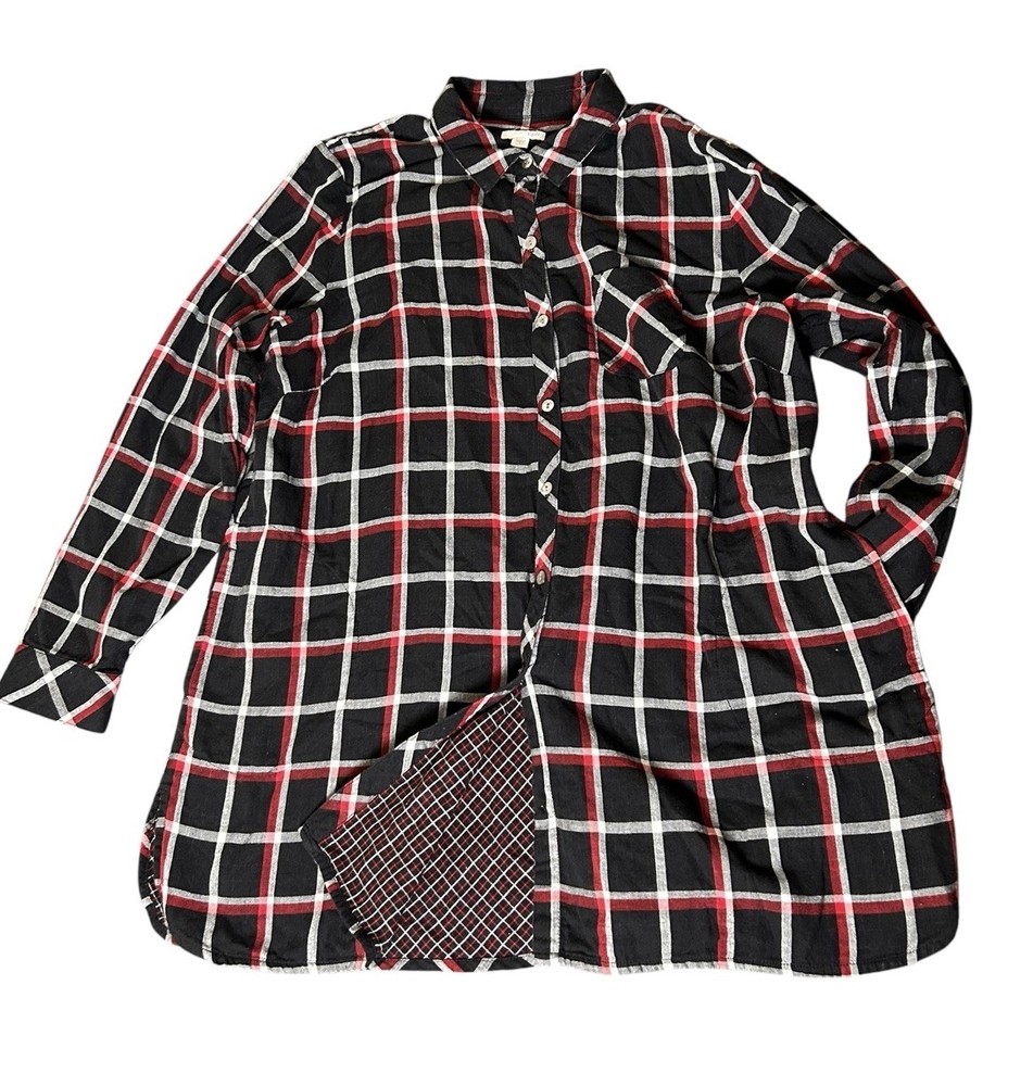 J. Jill Button Down Tunic Size Petite Large Black Red Plaid Long Sleeve Cotton