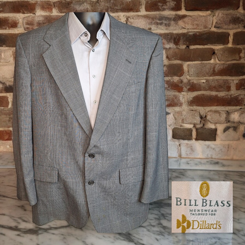 Bill Blass Jacket Blazer Mens 44R Gray Plaid Vintage USA
