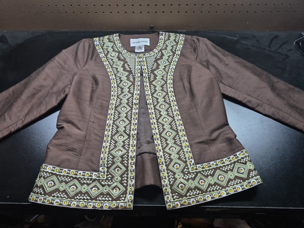 VICTOR COSTA S Silk Taffeta Dressy Jacket Blazer Bead Embroidery Brown Festival