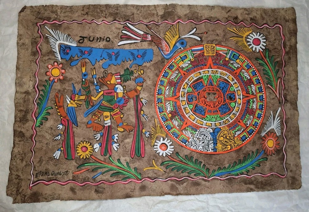 Mexican Bark Paper Painting Mayan Aztec Zodiac Calendar Junio Folk Art Picture