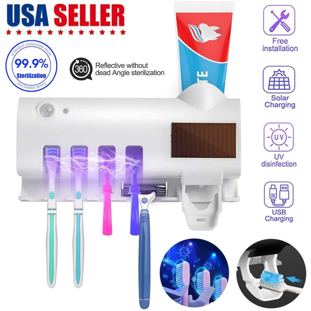 UV Light Toothbrush Sterilizer Holder Cleaner and Automatic Toothpaste Dispenser
