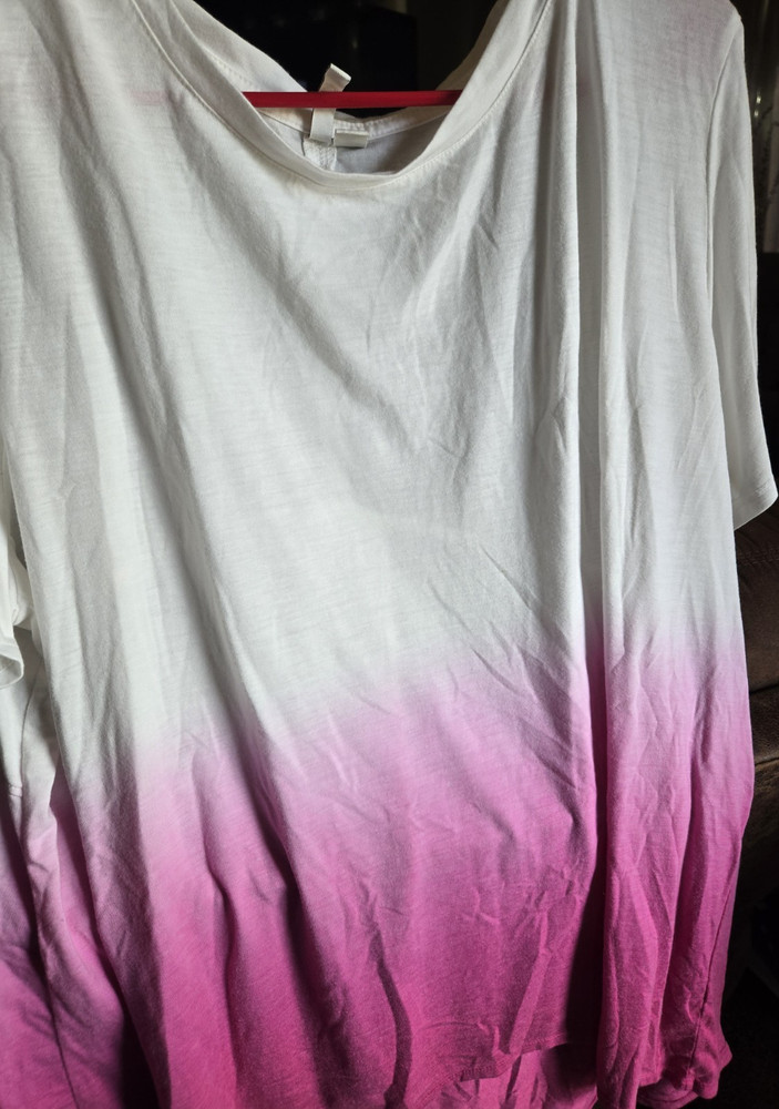 White Pink Ombre Knit Cotton Round Neck Pullover T-Shirt Plus Size 24
