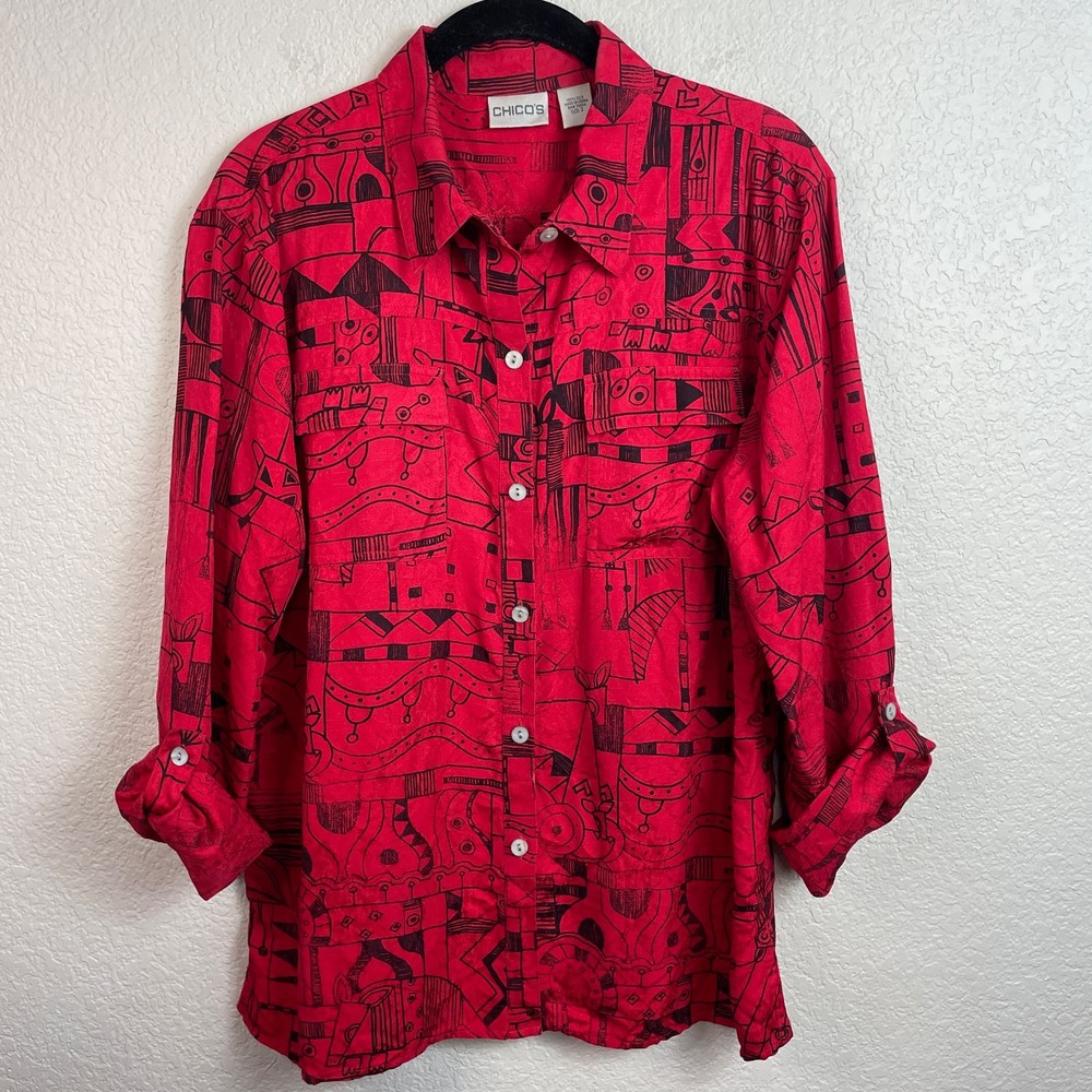 Chicos Tunic Top Large Red 100% Silk Artsy Long Sleeve Button Up Blouse Shirt