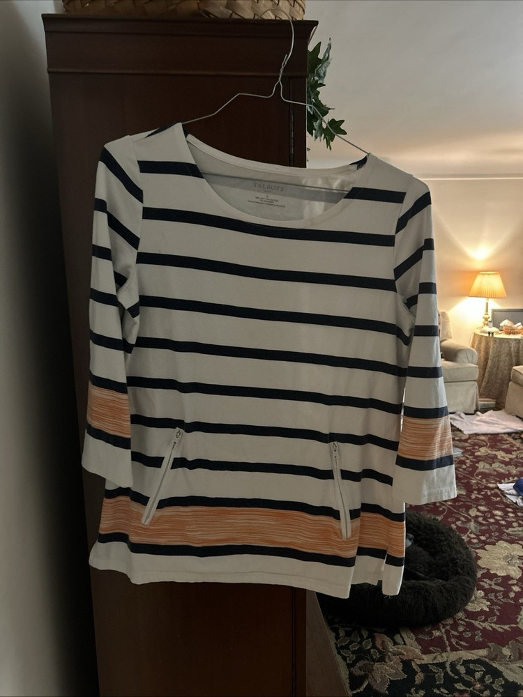 Talbots Womens Stretch Top Size S Cotton Blend 3/4 Sleeve Striped With Pockets