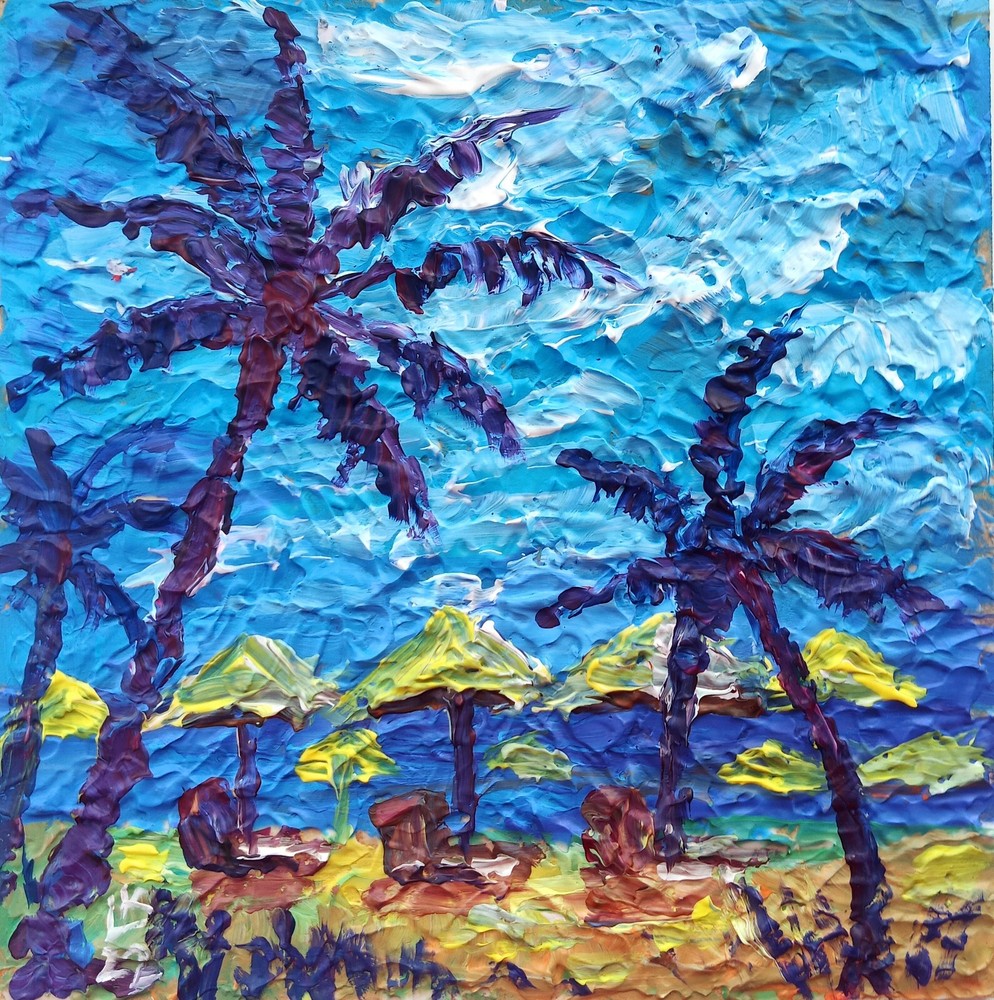 Vibrant Tropical Beach Painting with Palm Trees and Sun Umbrellas in Thick Texture