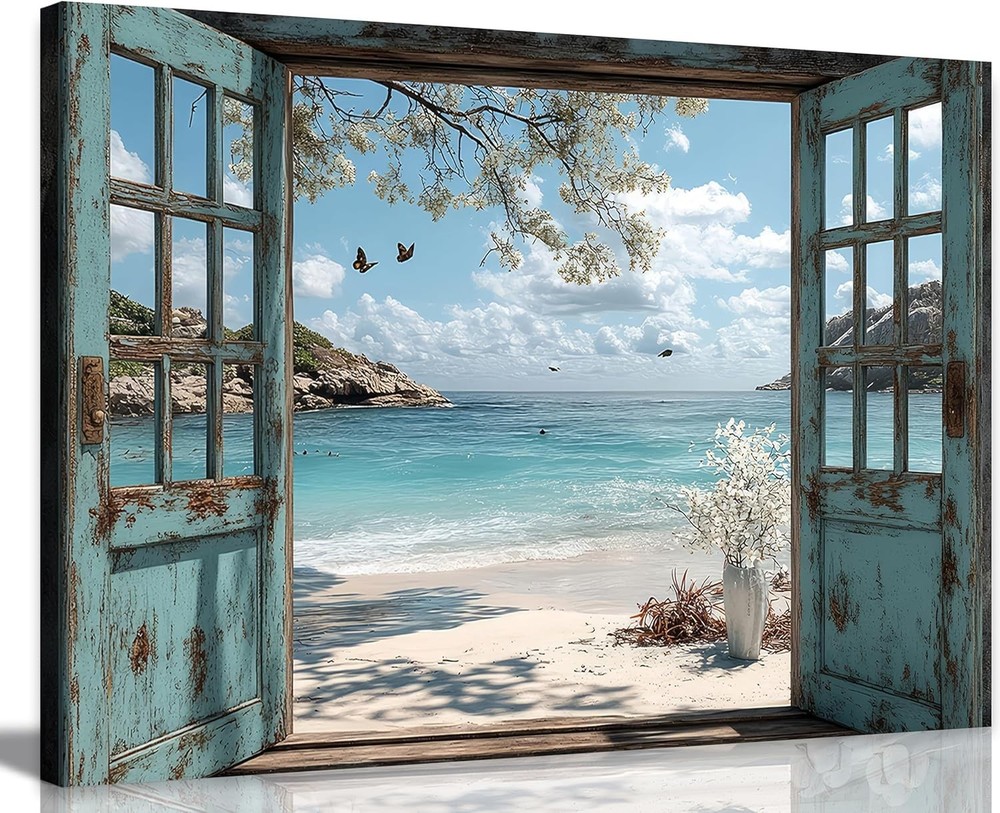 Coastal Ocean Window Canvas Art Blue Beach View Seascape Wall Decor