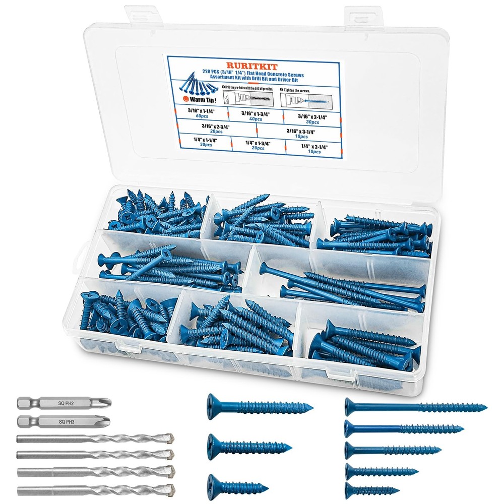 220Pcs Concrete Screw Assortment with Drill & Driver Bits - 3/16