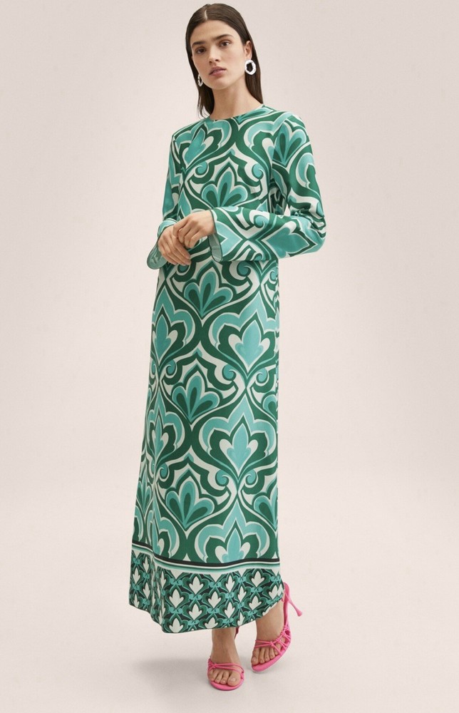 Mango Green Geometric Print Long Sleeve Maxi Dress Size S, 4 US New
