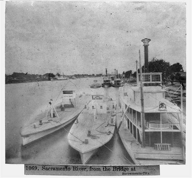 Sacramento River from the bridge at Sacramento City,California,CA,1866,boats