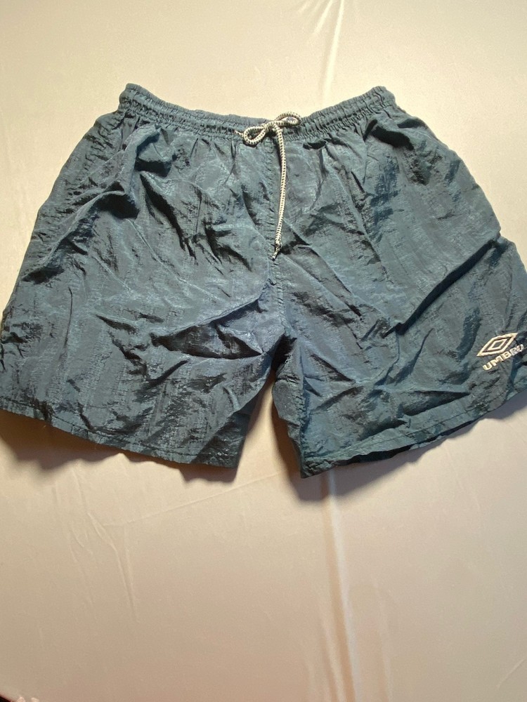 Vintage 90s Umbro Nylon Soccer Shorts Teal Blue Shiny Diamond Logo Mens Large L