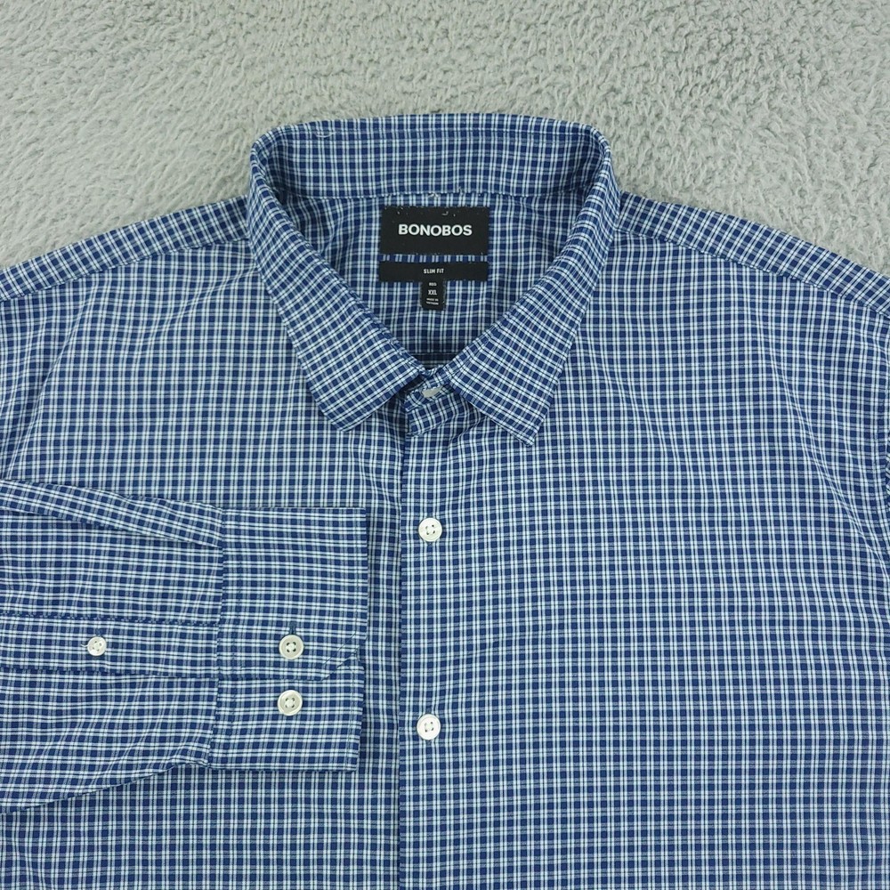 Bonobos Shirt Mens 2XL Blue Plaid Slim Fit Button Down Long Sleeve Stretch